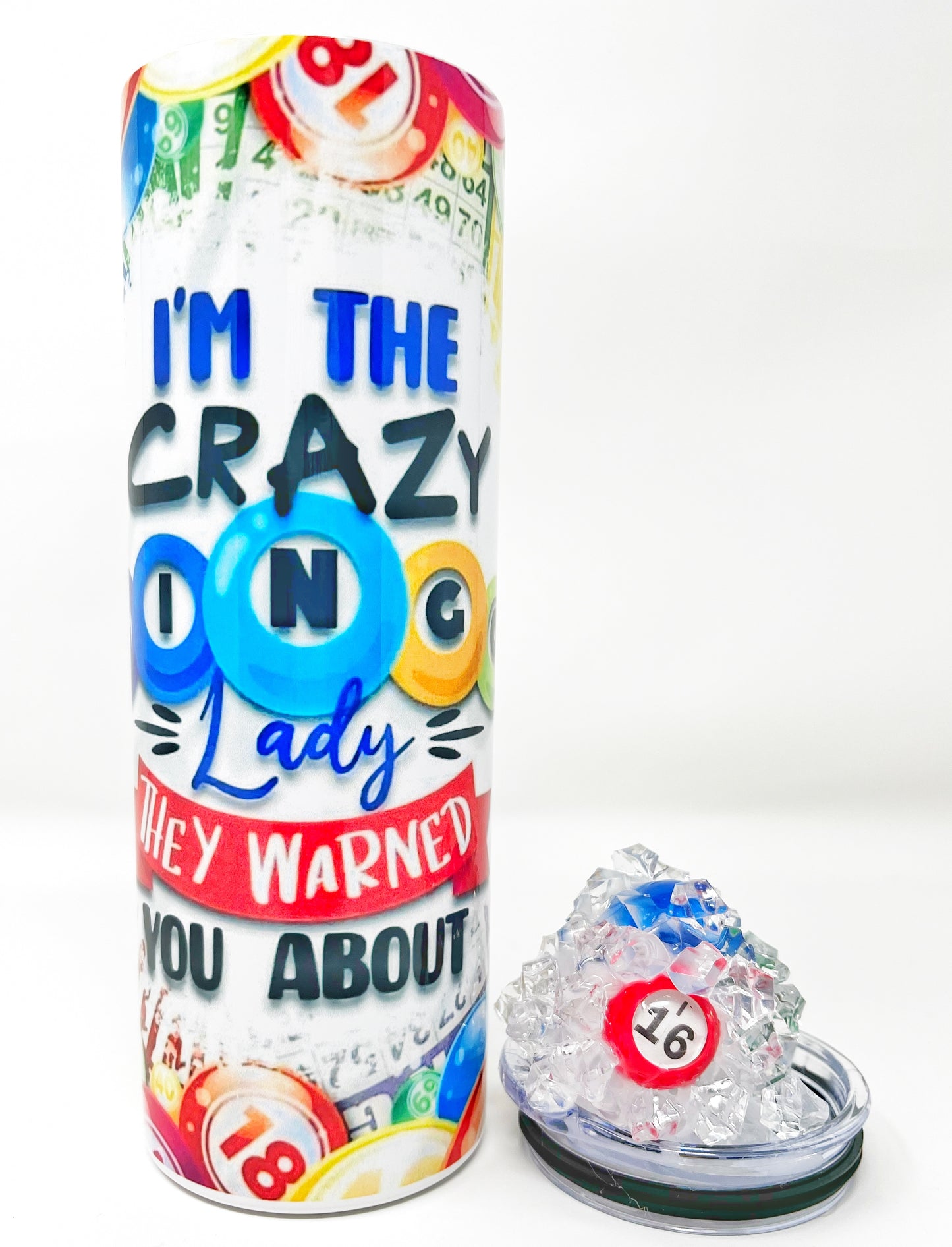 Crazy BINGO lady 20 oz. Tumbler with 3D ice lid adorned with mini books