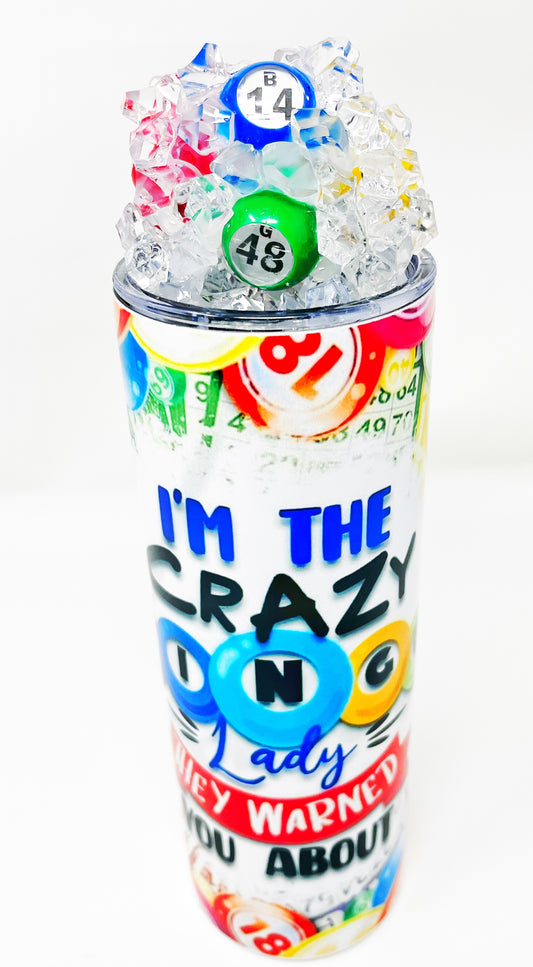 Crazy BINGO  lady 20 oz. Tumbler with 3D ice lid adorned with mini books