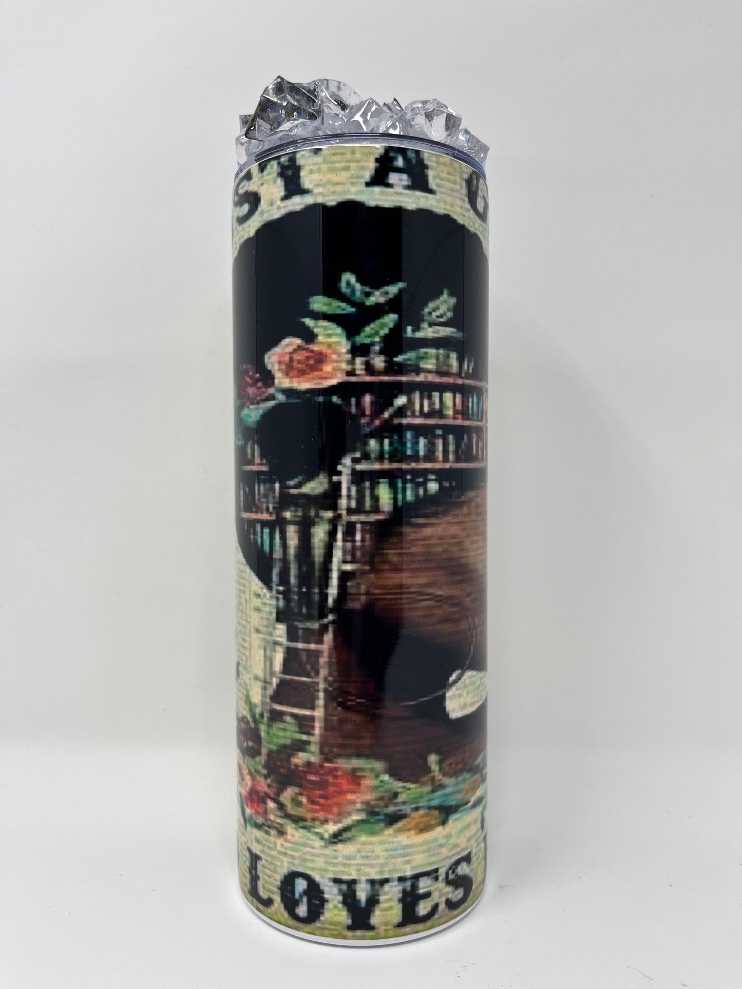 Just A Girl Who Loves Books 20oz. Tumbler with 3D ice tumbler adorned with mini books