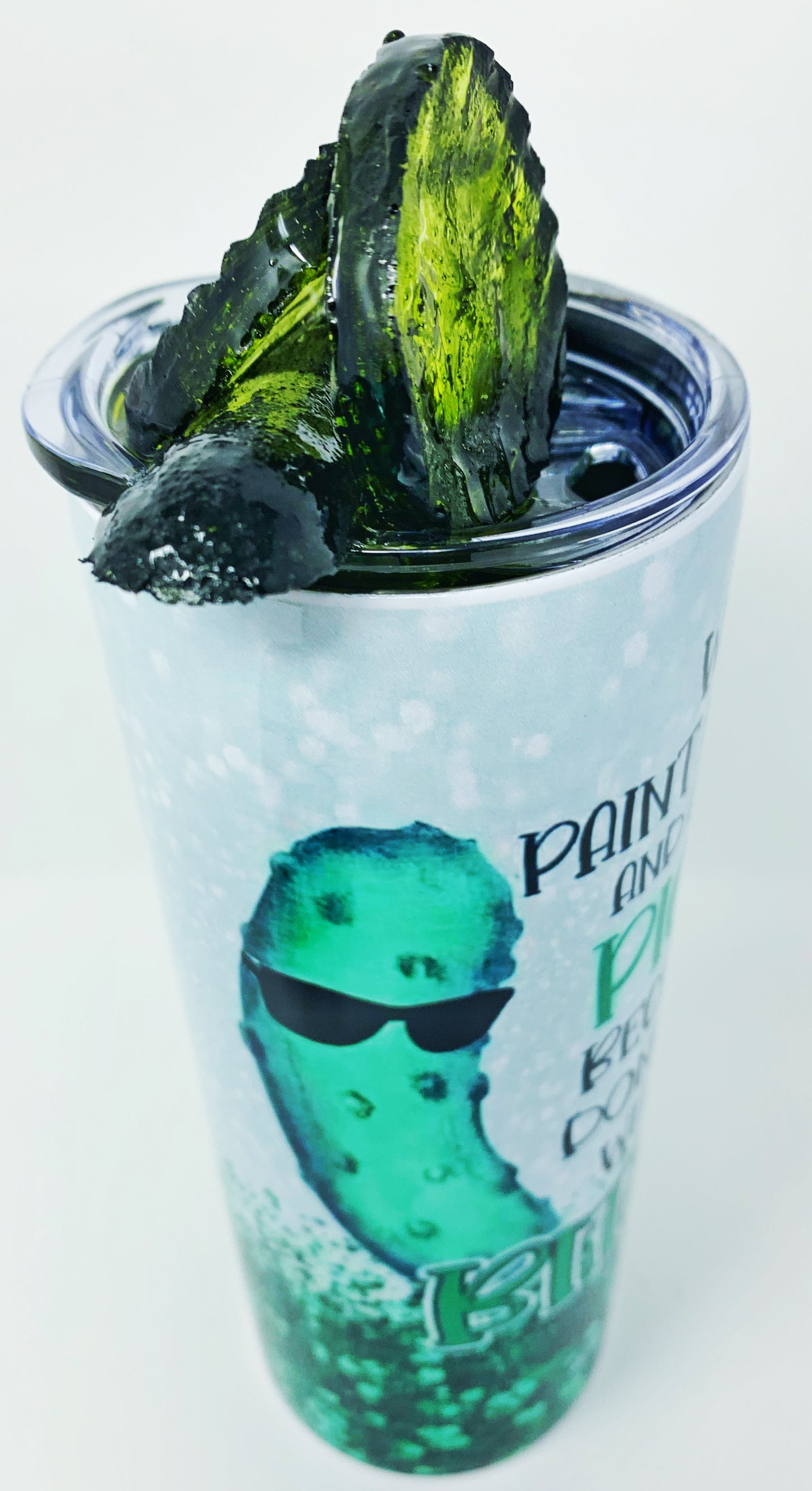 "Well Paint Me  a Pickle and Call Me Green" 20oz. Tumbler with 3D Pickle Lid