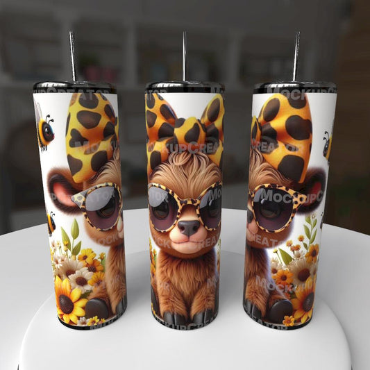 🐮 Leopard Bow Highland Cutie – 20oz Tumbler 🐝💛