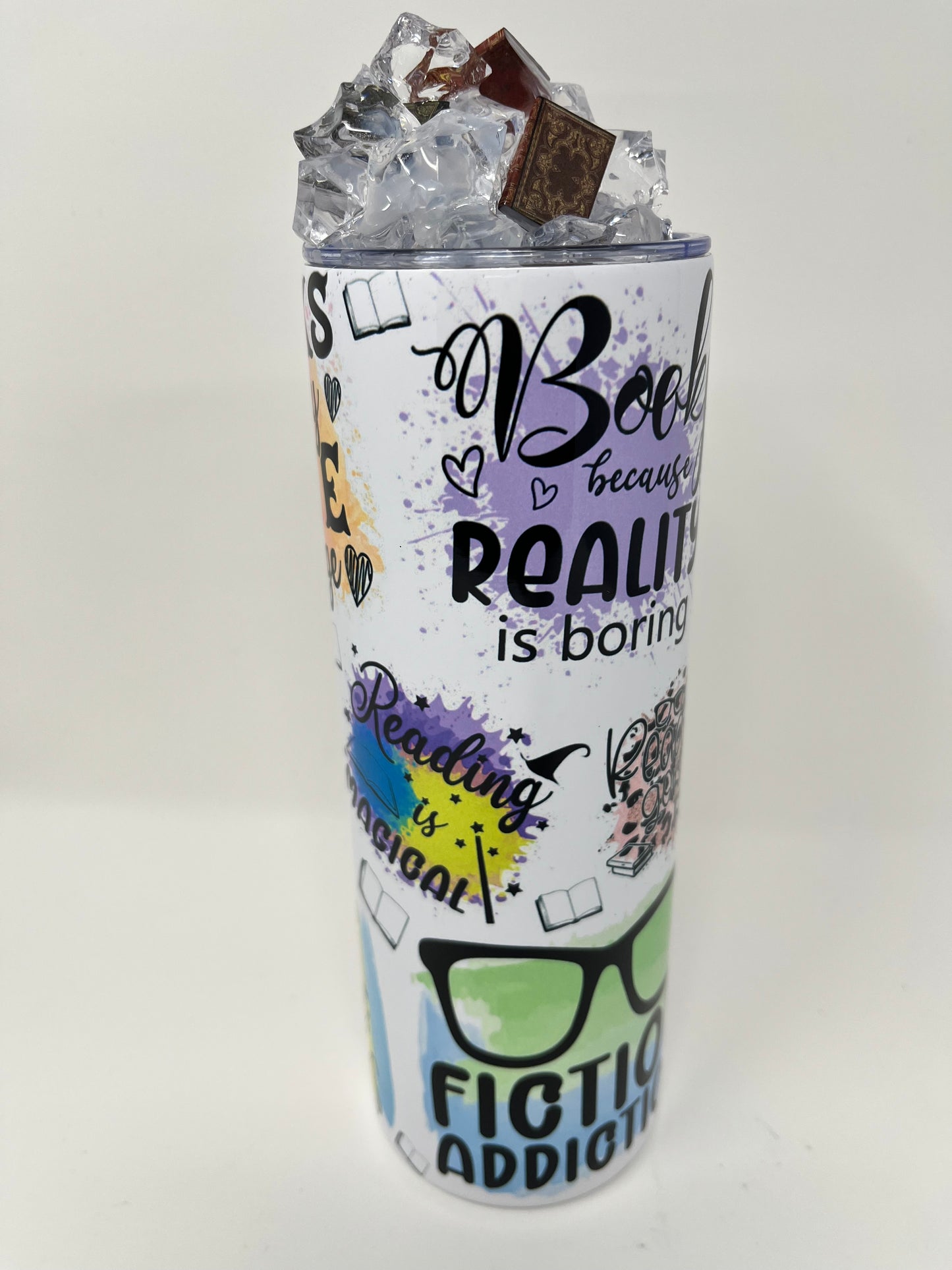 Book Lovers Dreamland 20 oz. Tumbler with 3D ice lid adorned with mini books