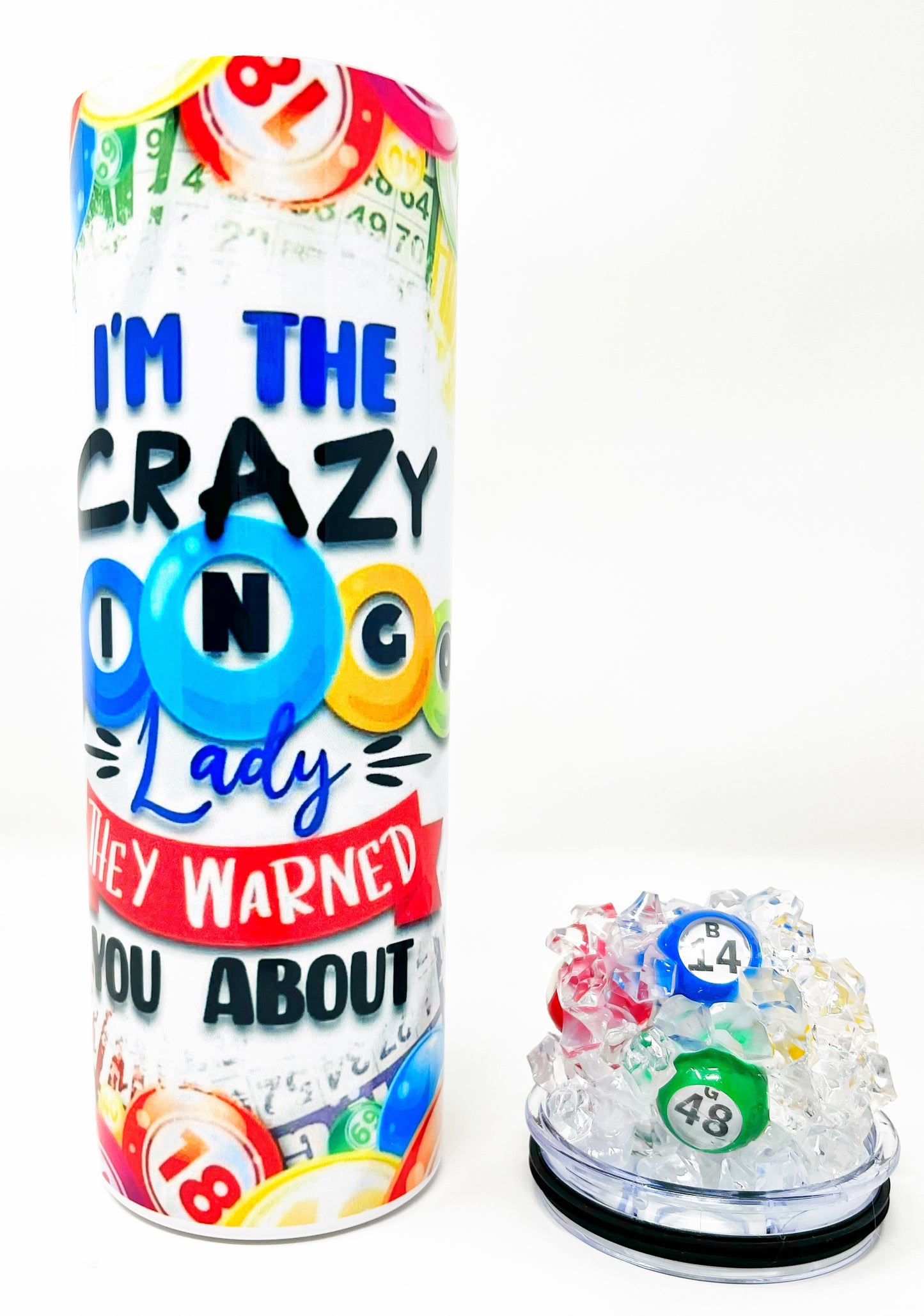 Crazy BINGO  lady 20 oz. Tumbler with 3D ice lid adorned with mini books