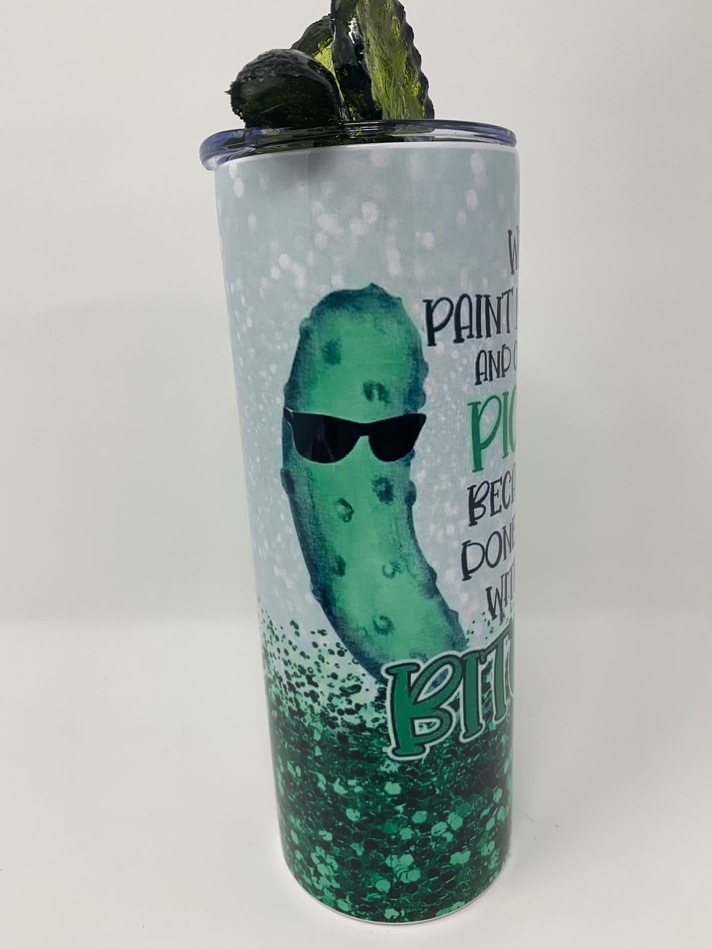 "Well Paint Me  a Pickle and Call Me Green" 20oz. Tumbler with 3D Pickle Lid