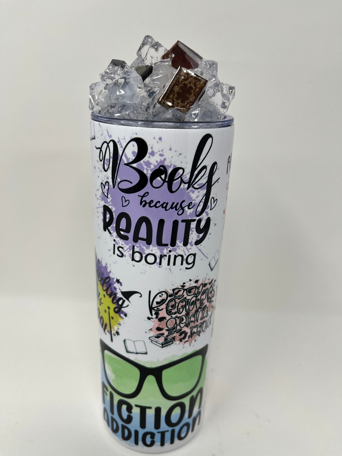 Book Lovers Dreamland 20 oz. Tumbler with 3D ice lid adorned with mini books