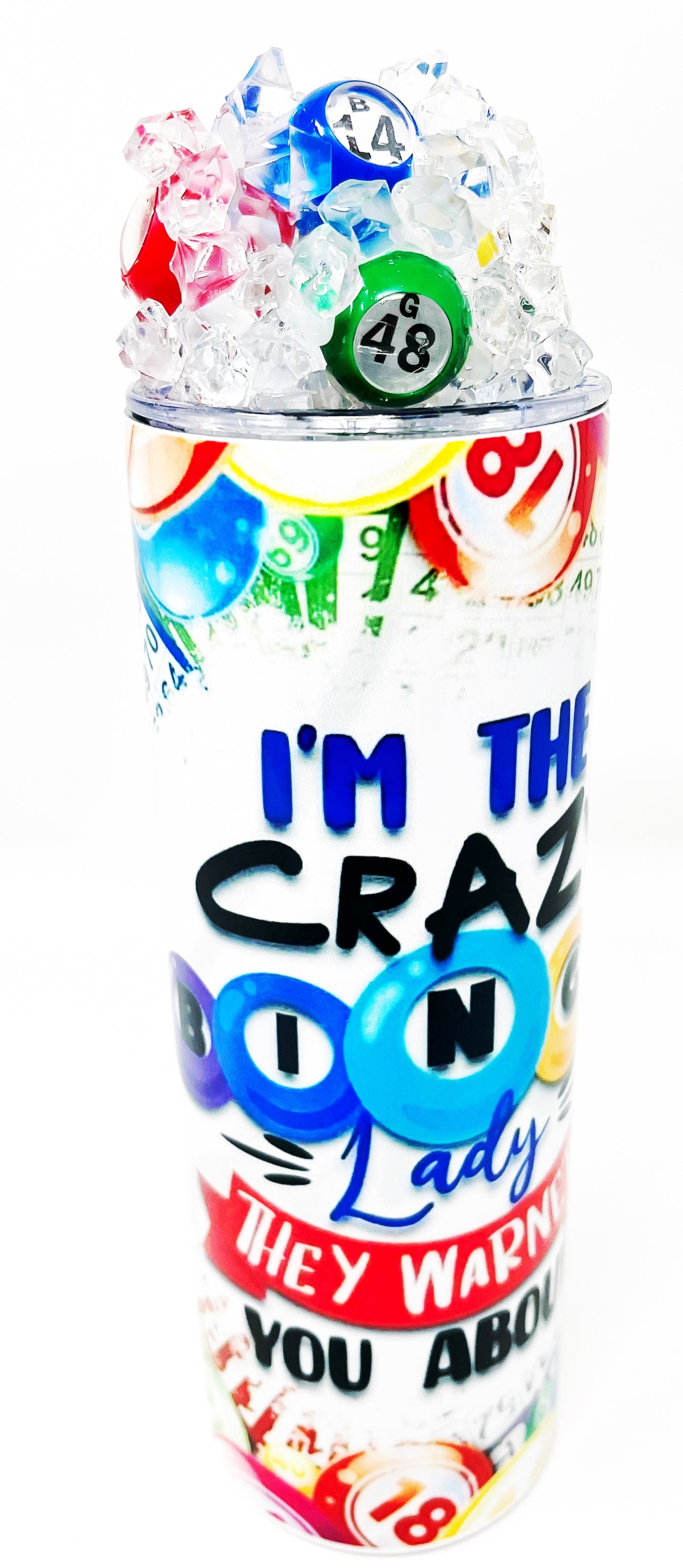 Crazy BINGO  lady 20 oz. Tumbler with 3D ice lid adorned with mini books