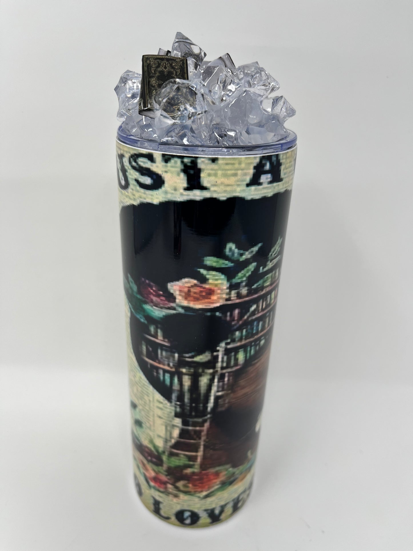 Just A Girl Who Loves Books 20oz. Tumbler with 3D ice tumbler adorned with mini books