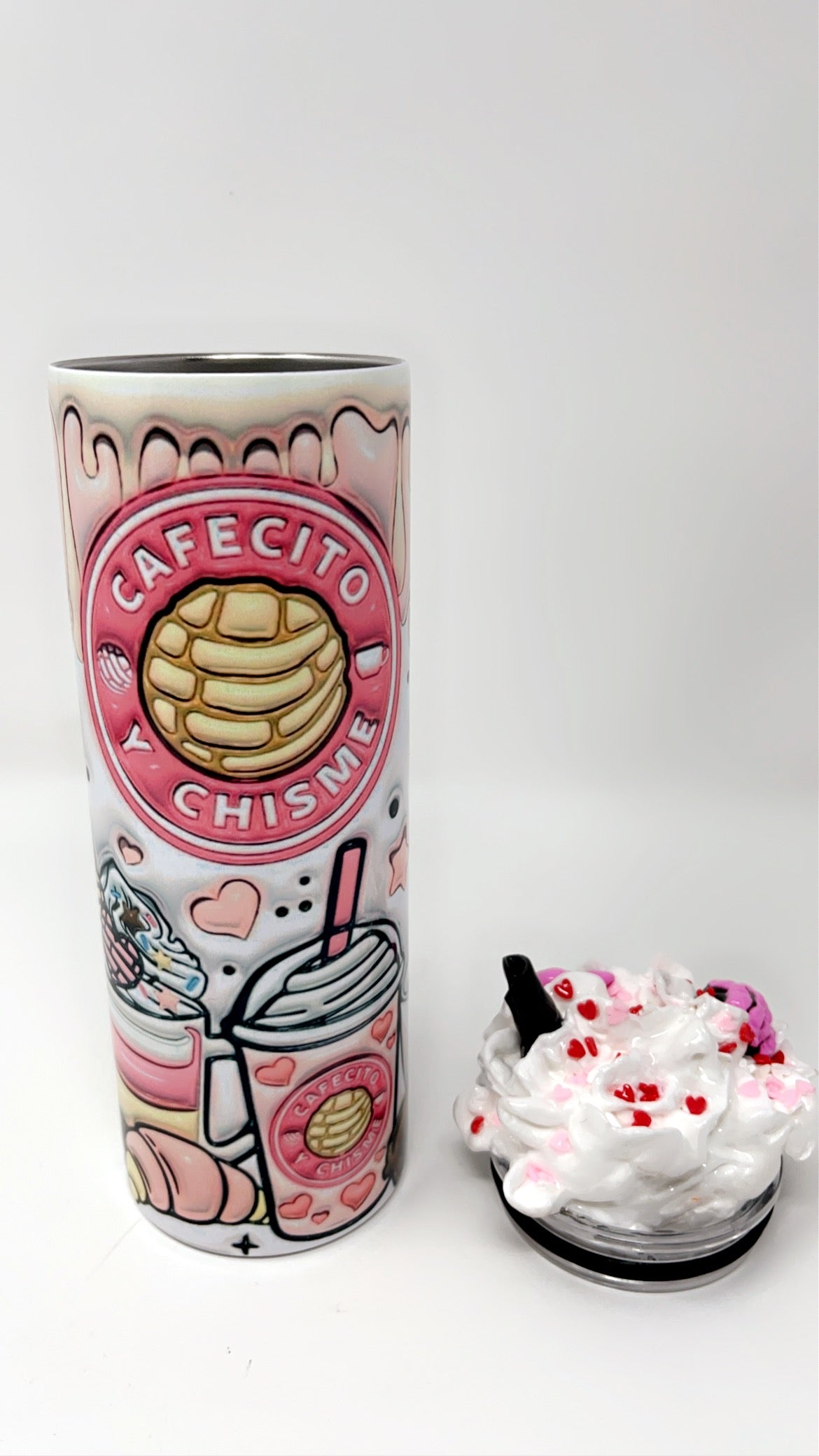 Cafecito y Chisme 20 oz. Tumbler with 3-D faux whipped cream lid