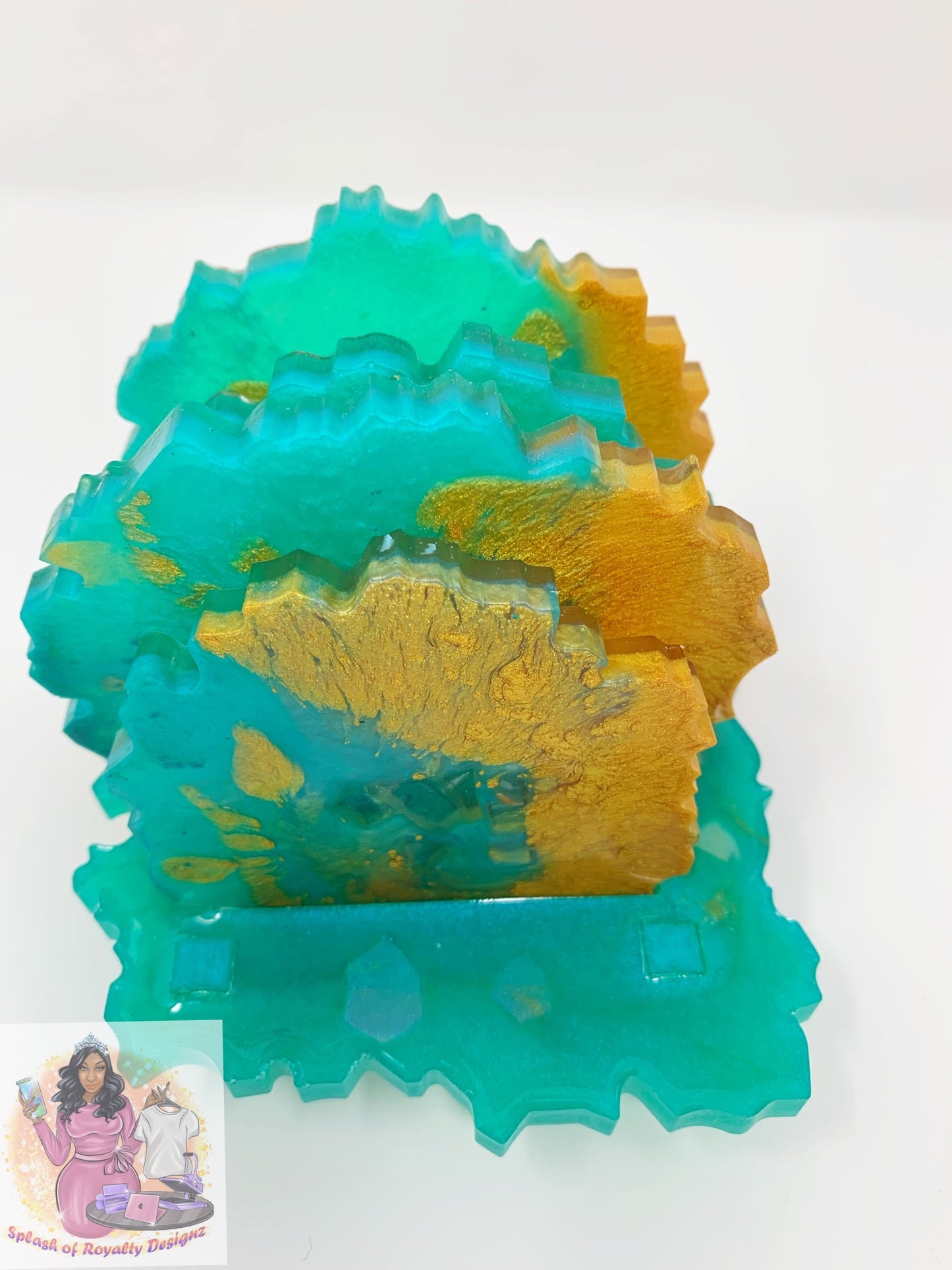 Turquois and Gold Coaster Set W/ Gold Geode Accents (4)