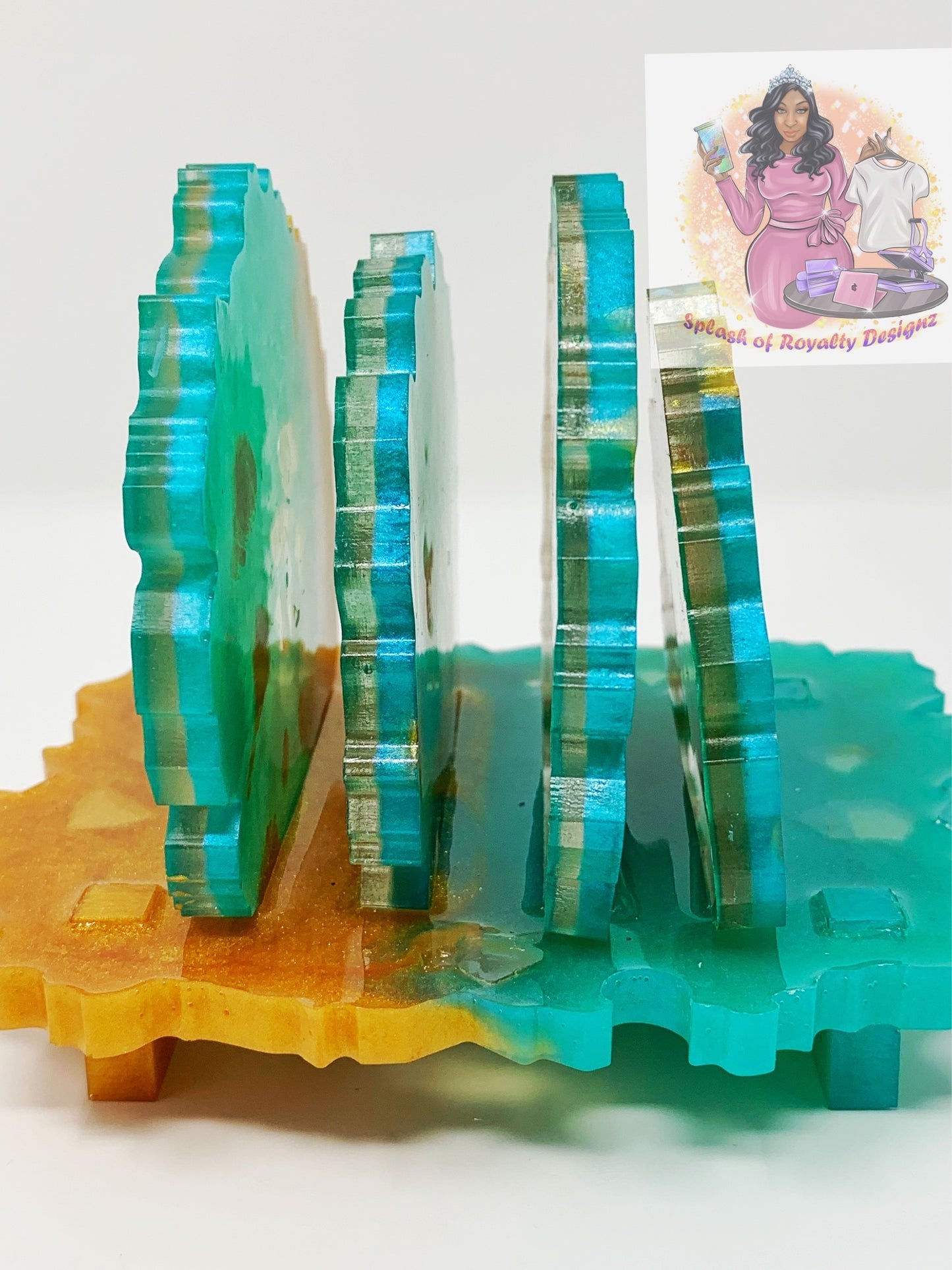 Turquois and Gold Coaster Set W/ Gold Geode Accents (4)