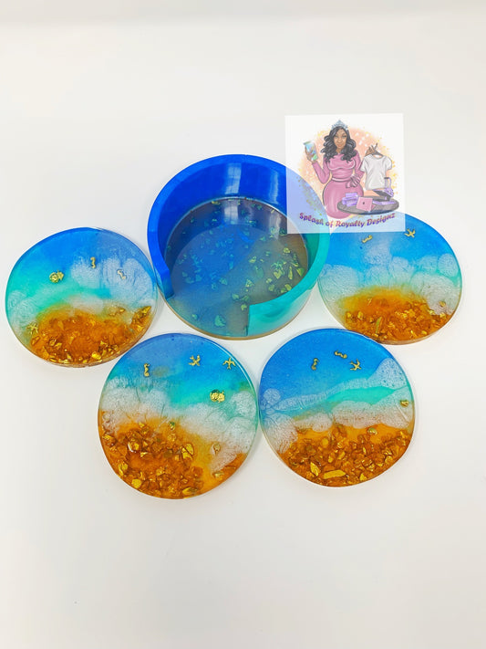 Ocean Vibes Coaster Set w/ Gold Geode Accents (4)