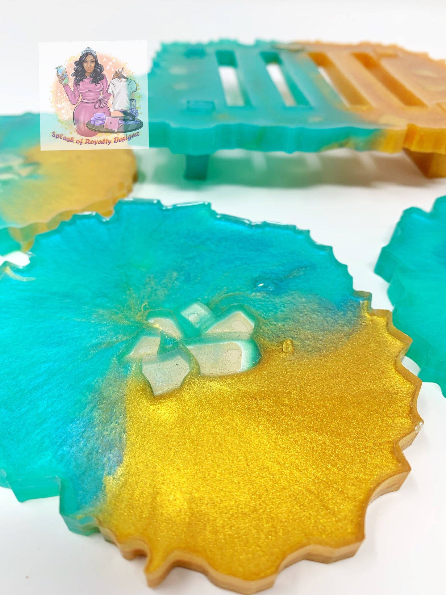 Turquois and Gold Coaster Set W/ Gold Geode Accents (4)