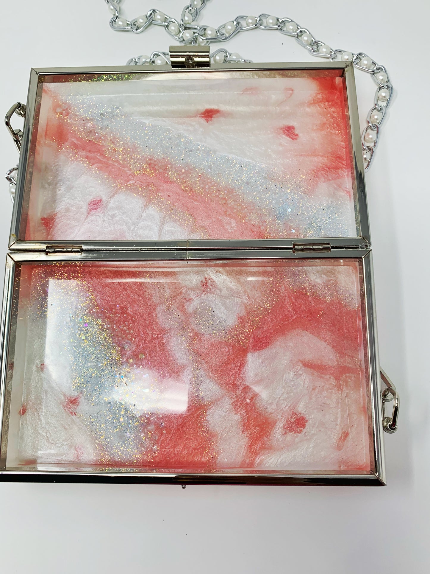 Strawberry Cream Dreams (Pink and White- Incrusted with faux diamonds ) Resin Clutch Bag