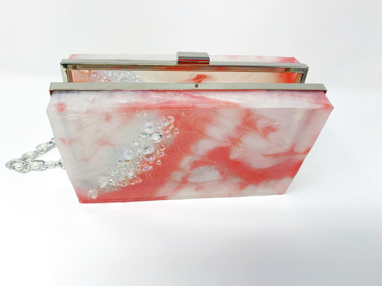 Strawberry Cream Dreams (Pink and White- Incrusted with faux diamonds ) Resin Clutch Bag