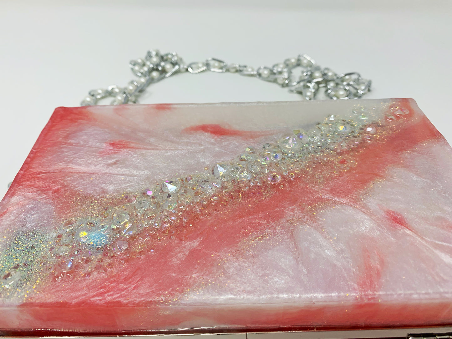 Strawberry Cream Dreams (Pink and White- Incrusted with faux diamonds ) Resin Clutch Bag